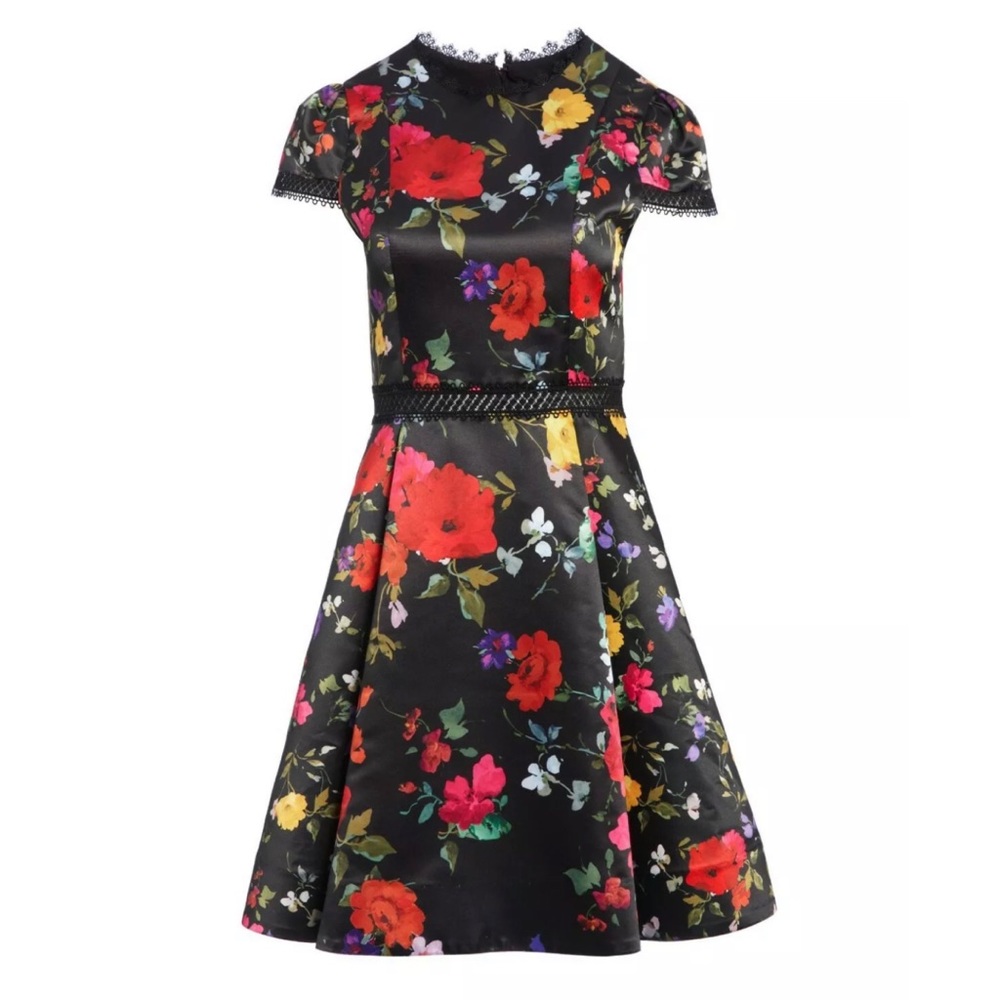 Alice + Olivia Emmy Floral Black Cap Sleeve Pleated Dress